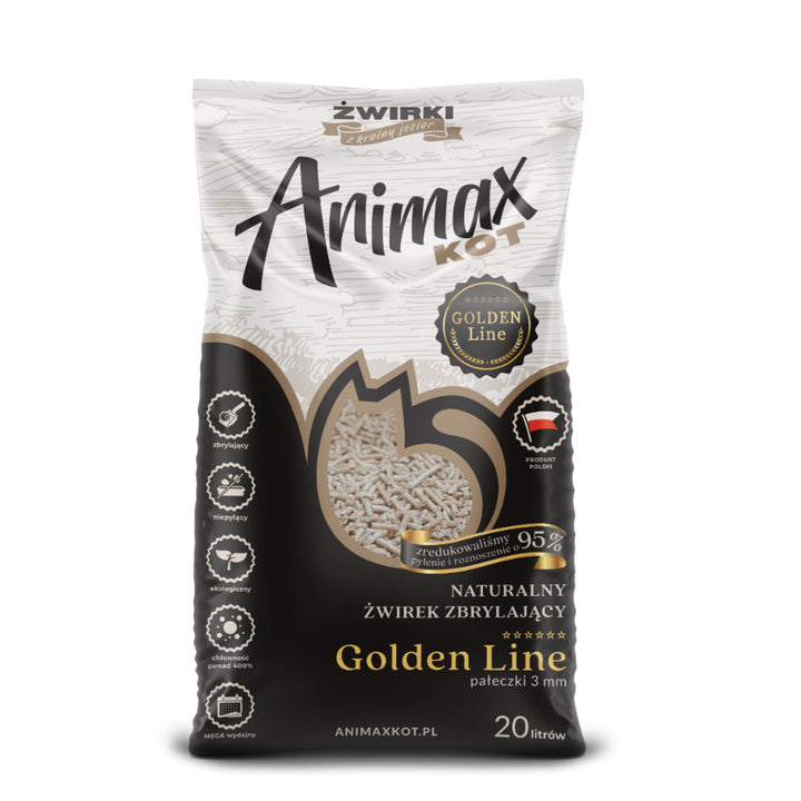 Żwirek zbrylający, Animax Golden line 3mm, male wałeczki, worek 20L