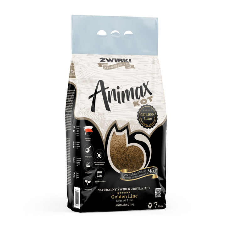 Żwirek zbrylający, Animax Golden line 3mm, male wałeczki, worek 7L