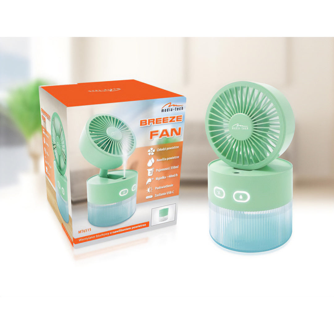 Wentylator biurkowy z nawilżaniem powietrza. Pojemność 350ml. Mgiełka 40ml/h. Zasilanie USB-C