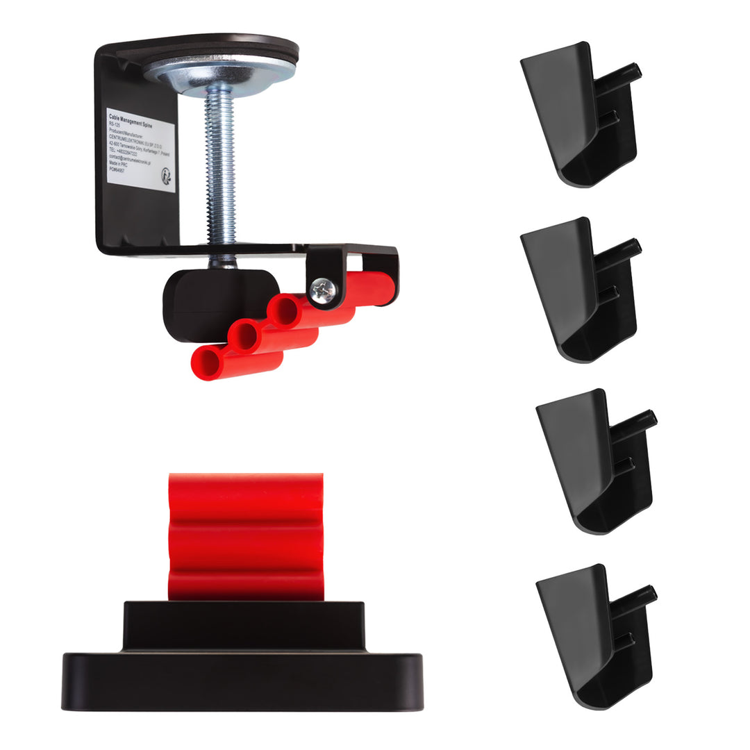 Biurko gamingowe z półką na monitor NanoRS, 50kg max, wysokość 850mm, czarne, RS170+Organizer kabli / maskownica do biurka Nano RS, 1345mm, czarno czerwony, RS125