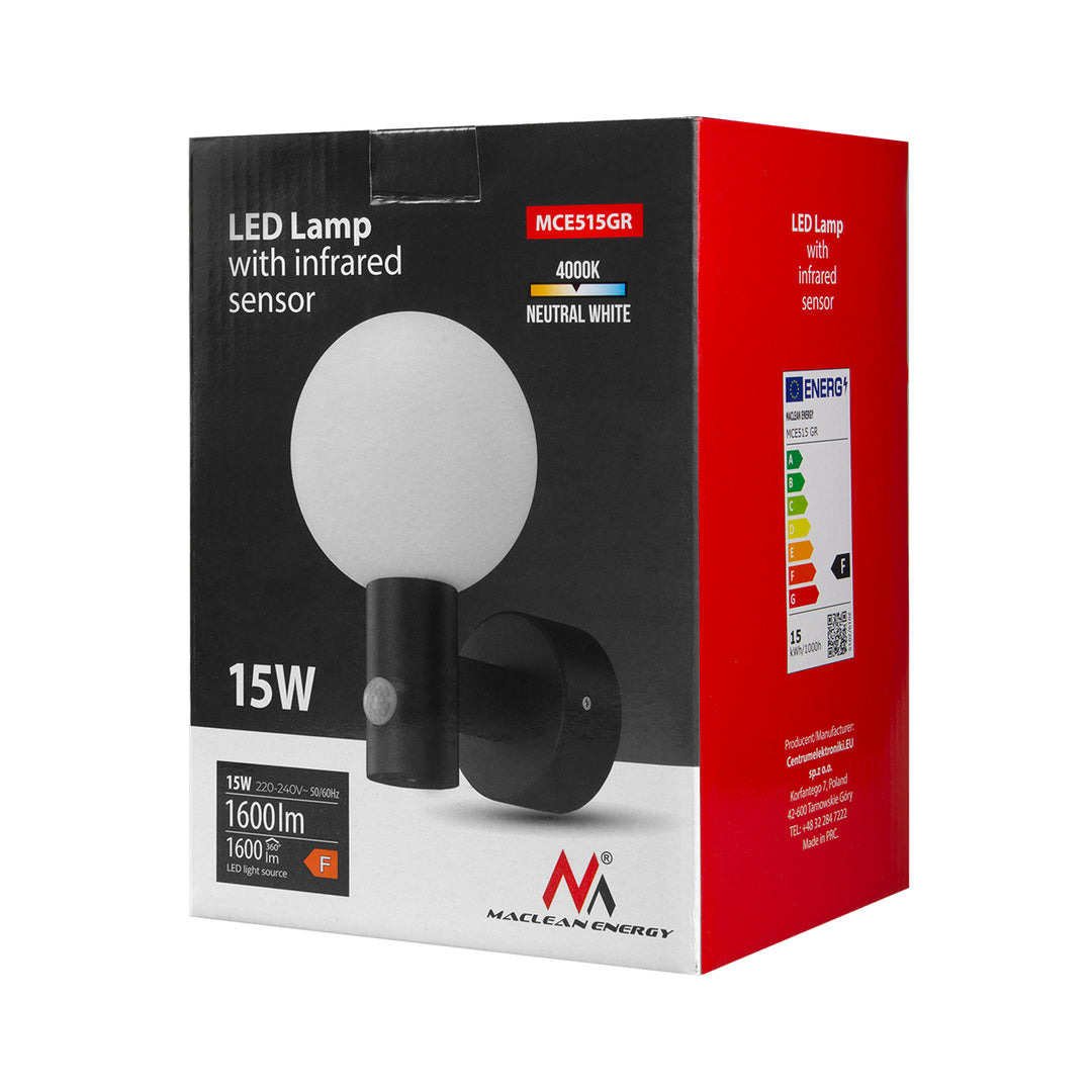 Lampa LED z czujnikiem ruchu Maclean, czujnik ruchu PIR, kolor szary, 15W, IP65, 1600lm, barwa neutralna biała (4000K) MCE515 GR, 2 sztuki