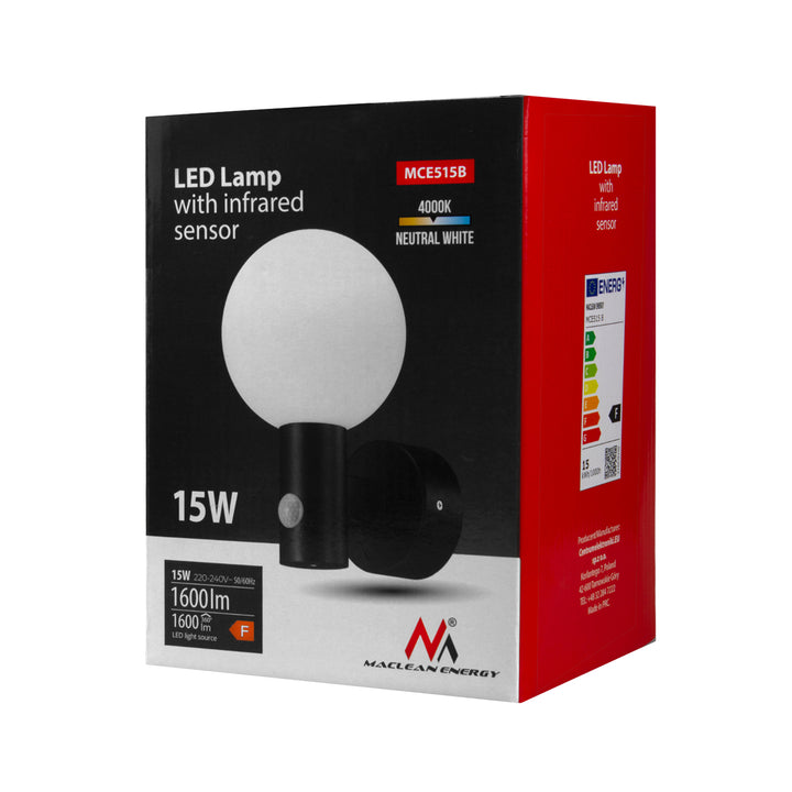Lampa LED z czujnikiem ruchu Maclean, czujnik ruchu PIR, kolor czarny, 15W, IP65, 1600lm, barwa neutralna biała (4000K) MCE515 B, 2 sztuki