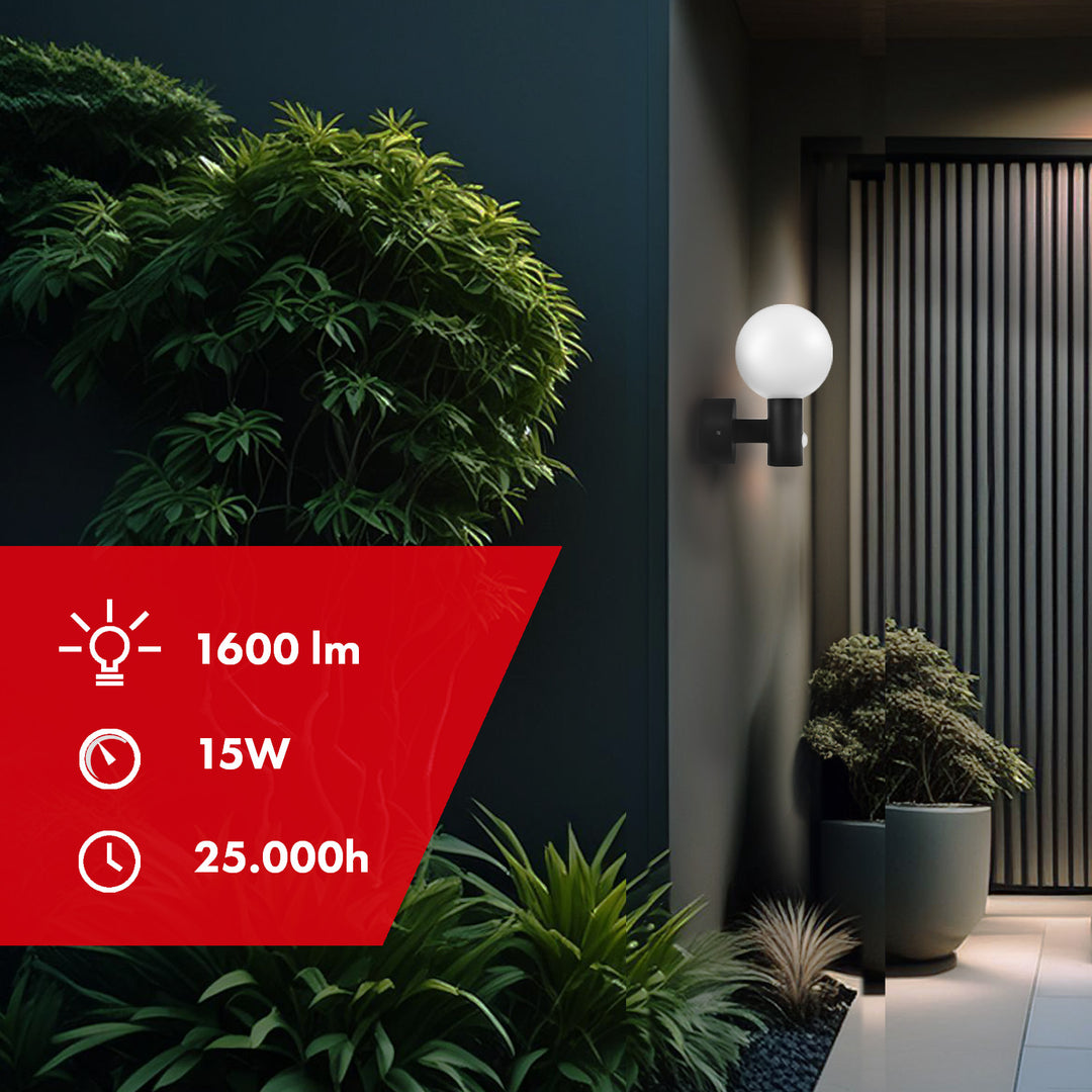 Lampa LED z czujnikiem ruchu Maclean, czujnik ruchu PIR, kolor czarny, 15W, IP65, 1600lm, barwa neutralna biała (4000K) MCE515 B, 2 sztuki