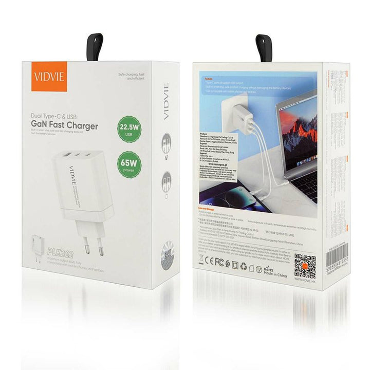 Ładowarka sieciowa VIDVIE, 3A, 65W, 2x USB-C, 1x USB, kabel USB-C/Iphone, PLE262