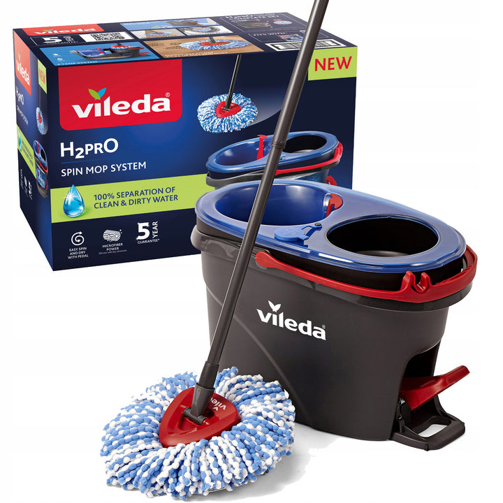 Mop obrotowy Vileda, dwie komory, system odwirowujący, składany drążek, łatwe mycie narożników, turbo H2prO
