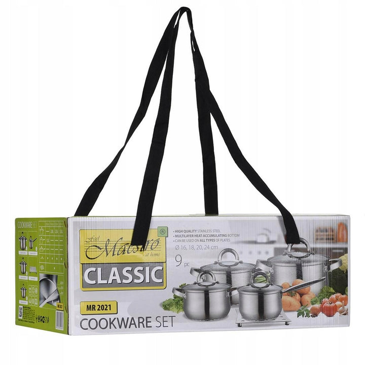 Komplet garnków Maestro 9 el. 1,5L, 2L, 3L, 5L, stal nierdzewna, możliwość mycia w zmywarce, odpowiedni dla wszystkich rodzajów kuchenek, podstawka pod gorące naczynia, MR-2021