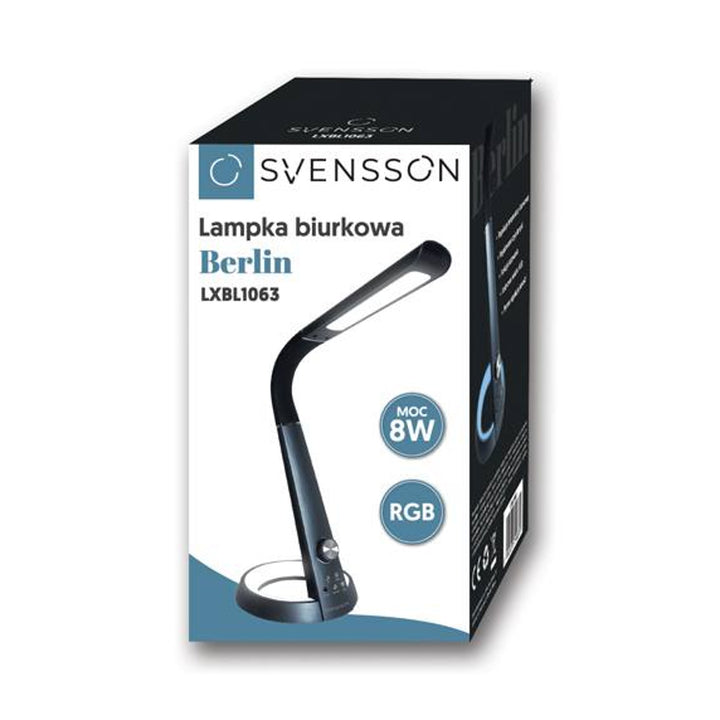 Lampka biurowa Svensson, 450 Lumen, Moc 8W, trzy temperatury światła, funkcja ładowania urządzeń mobilnych, podstawa RGB, LXBL1063