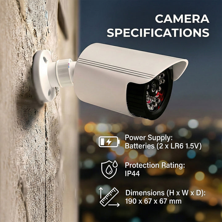 Atrapa kamery tubowej, diody IR LED, biała, zasilanie 2xAA (brak w zestawie), ABS, IR1800 W