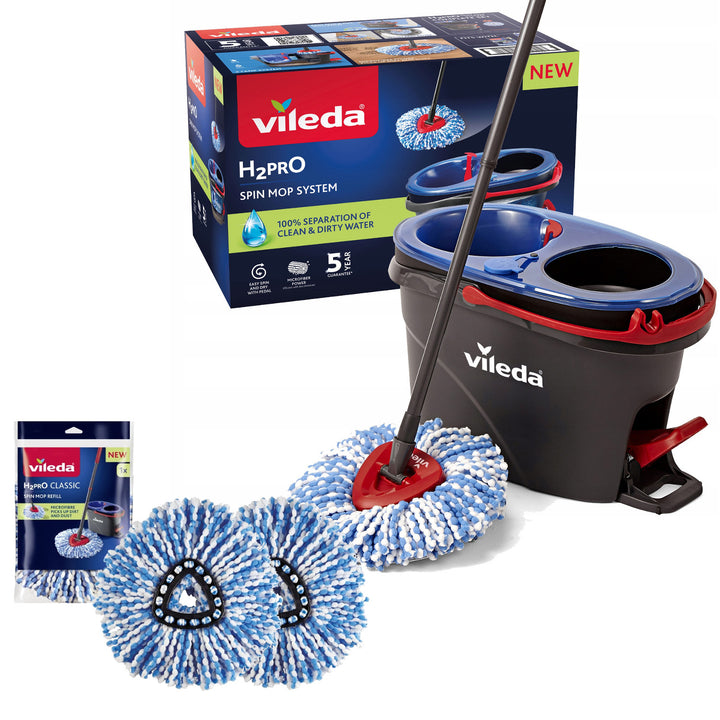 Mop obrotowy Vileda, dwie komory, system odwirowujący, składany drążek, łatwe mycie narożników, turbo H2prO + 2 dodatkowe wkłady