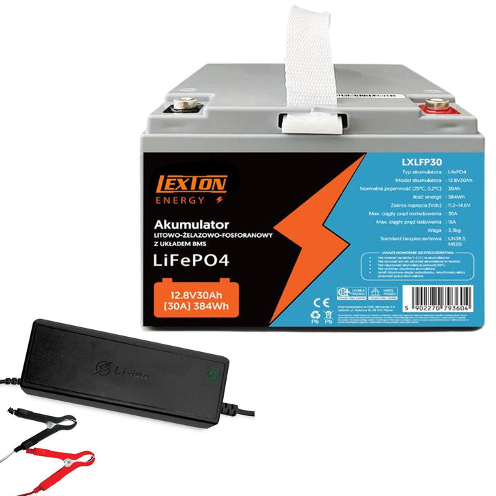 Akumulator litowo-żelazowo-fosforanowy LiFePo4 Lexton, z układem BMS, 12,8V, 30Ah, LXLFP30 + prostownik do akumulatorów LiFePO4 LTC Energy