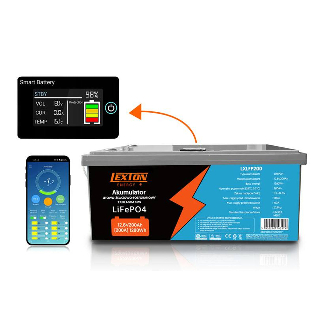 Akumulator litowo-żelazowo-fosforanowy LiFePo4 Lexton, z układem BMS, 12,8V, 200Ah, LXLFP200 + prostownik do akumulatorów LiFePO4 LTC Energy