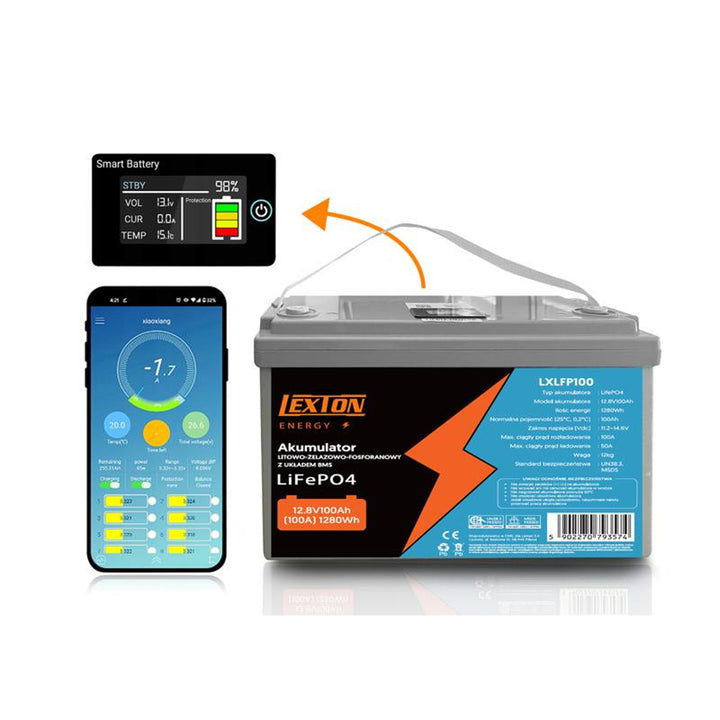 Akumulator litowo-żelazowo-fosforanowy LiFePo4 Lexton, z układem BMS, 12,8V, 100Ah, LXLFP100 + prostownik do akumulatorów LiFePO4 LTC Energy