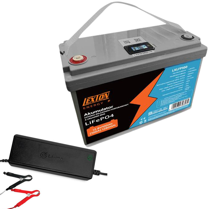 Akumulator litowo-żelazowo-fosforanowy LiFePo4 Lexton, z układem BMS, 12,8V, 100Ah, LXLFP100 + prostownik do akumulatorów LiFePO4 LTC Energy