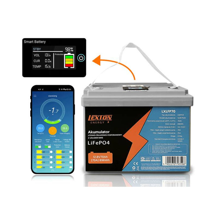 Akumulator litowo-żelazowo-fosforanowy LiFePo4 Lexton, z układem BMS, 12.8V, 70Ah, LXLFP70 + prostownik do akumulatorów LiFePO4 LTC Energy