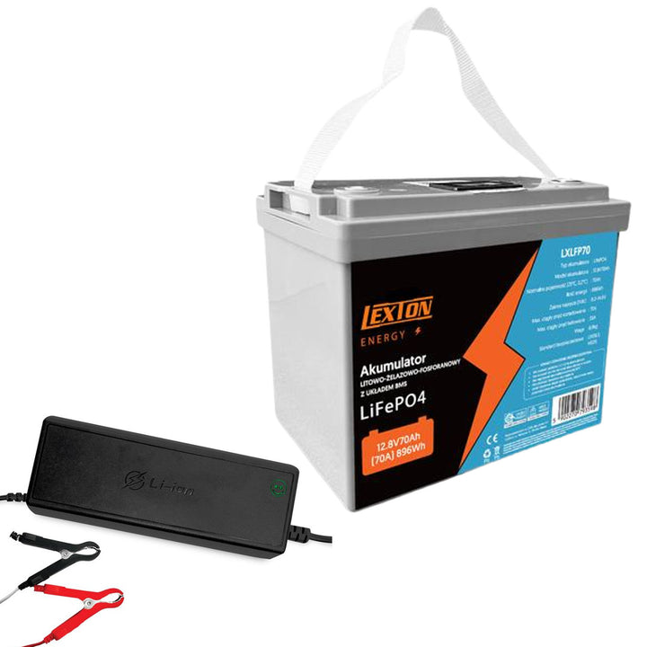 Akumulator litowo-żelazowo-fosforanowy LiFePo4 Lexton, z układem BMS, 12.8V, 70Ah, LXLFP70 + prostownik do akumulatorów LiFePO4 LTC Energy