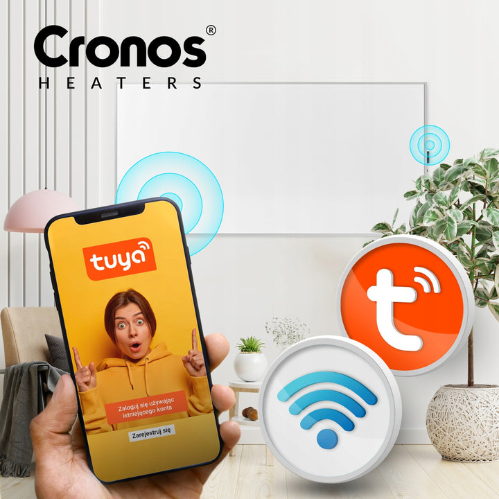 Grzejnik na podczerwień Cronos, 770W, sterowane smartfonem, wbudowany termostat, stopień konwersji 98%, ochrona IP44, Synthelith PRO CRP-770TWP