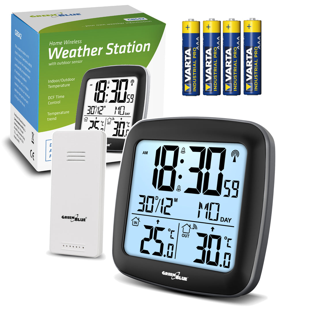 Stacja pogody bezprzewodowa GreenBlue, z systemem DCF, kalendarz, alarm, GB542 + 4x bateria AAA alkaliczna Varta Industrial