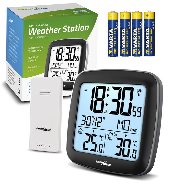 Stacja pogody bezprzewodowa GreenBlue, z systemem DCF, kalendarz, alarm, GB542 + 4x bateria AAA alkaliczna Varta Industrial