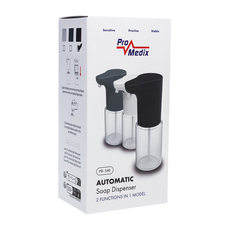 Automatyczny dozownik Promedix, pojemnik dyspenser do płynnych mydeł, płynów dezynfekujących, 300ml, czarny, PR-540 B + 4 baterie AA Varta Industrial
