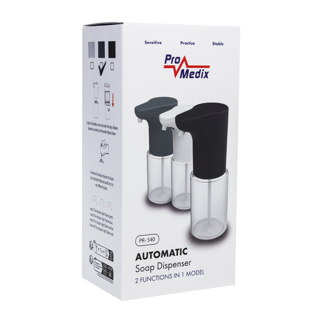 Automatyczny dozownik Promedix, pojemnik dyspenser do płynnych mydeł, płynów dezynfekujących, 300ml, szary, PR-540 GR + 4 baterie AA Varta Industrial