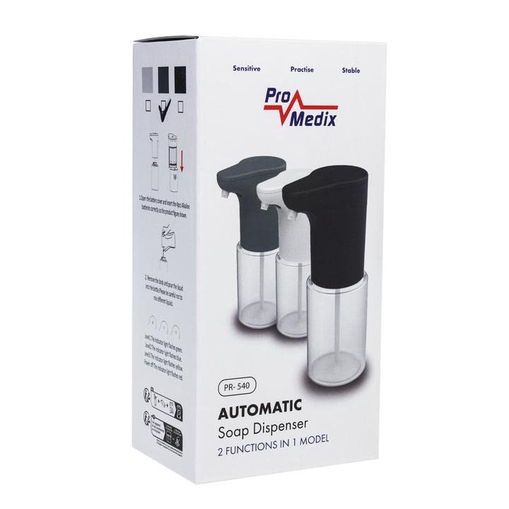 Automatyczny dozownik Promedix, pojemnik dyspenser do płynnych mydeł, płynów dezynfekujących, 300ml, szary, PR-540 GR + 4 baterie AA Varta Industrial