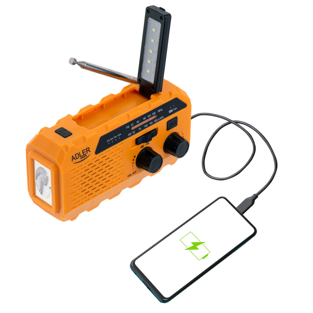 Radio solarne Adler, akumulator 1200 mAh, latarka, korbka ręczna, AD 1197