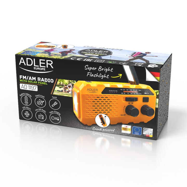 Radio solarne Adler, akumulator 1200 mAh, latarka, korbka ręczna, AD 1197