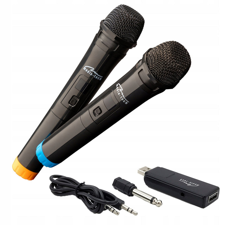 Dwa mikrofony bezprzewodowe z odbiornikiem USB do głośnika z funkcją karaoke, Mediatech MT395