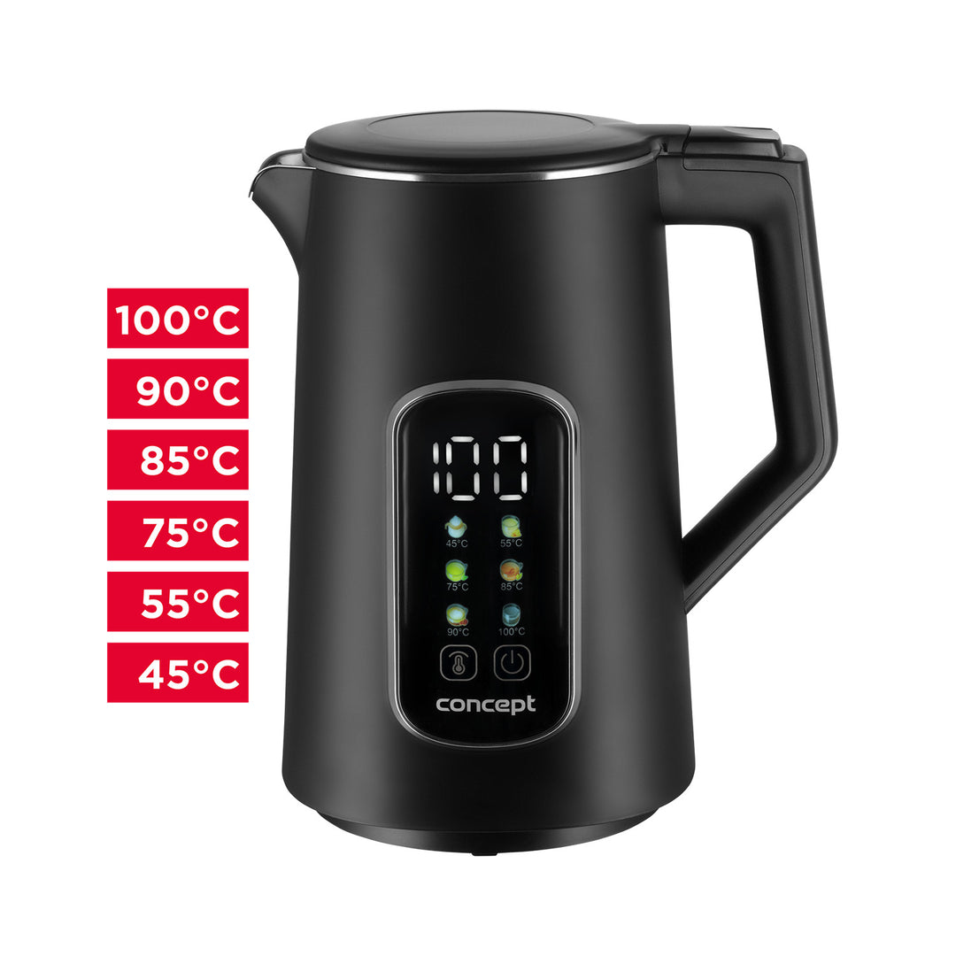 Czajnik elektryczny Concept, 1,7L, regulacja temperatury, wyświetlacz LED, powierzchnia Cool touch, wskaźnik poziomu wody, RK3385