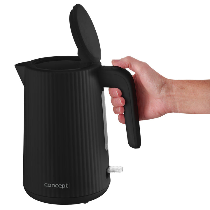 Czajnik elektryczny plastikowy Concept, 1,7L, ryflowany design, potrójny system zabezpieczeń, filtr przeciw osadom, wskaźnik poziomu wody, czarny, RK2391