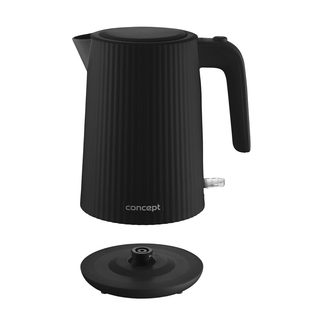 Czajnik elektryczny plastikowy Concept, 1,7L, ryflowany design, potrójny system zabezpieczeń, filtr przeciw osadom, wskaźnik poziomu wody, czarny, RK2391