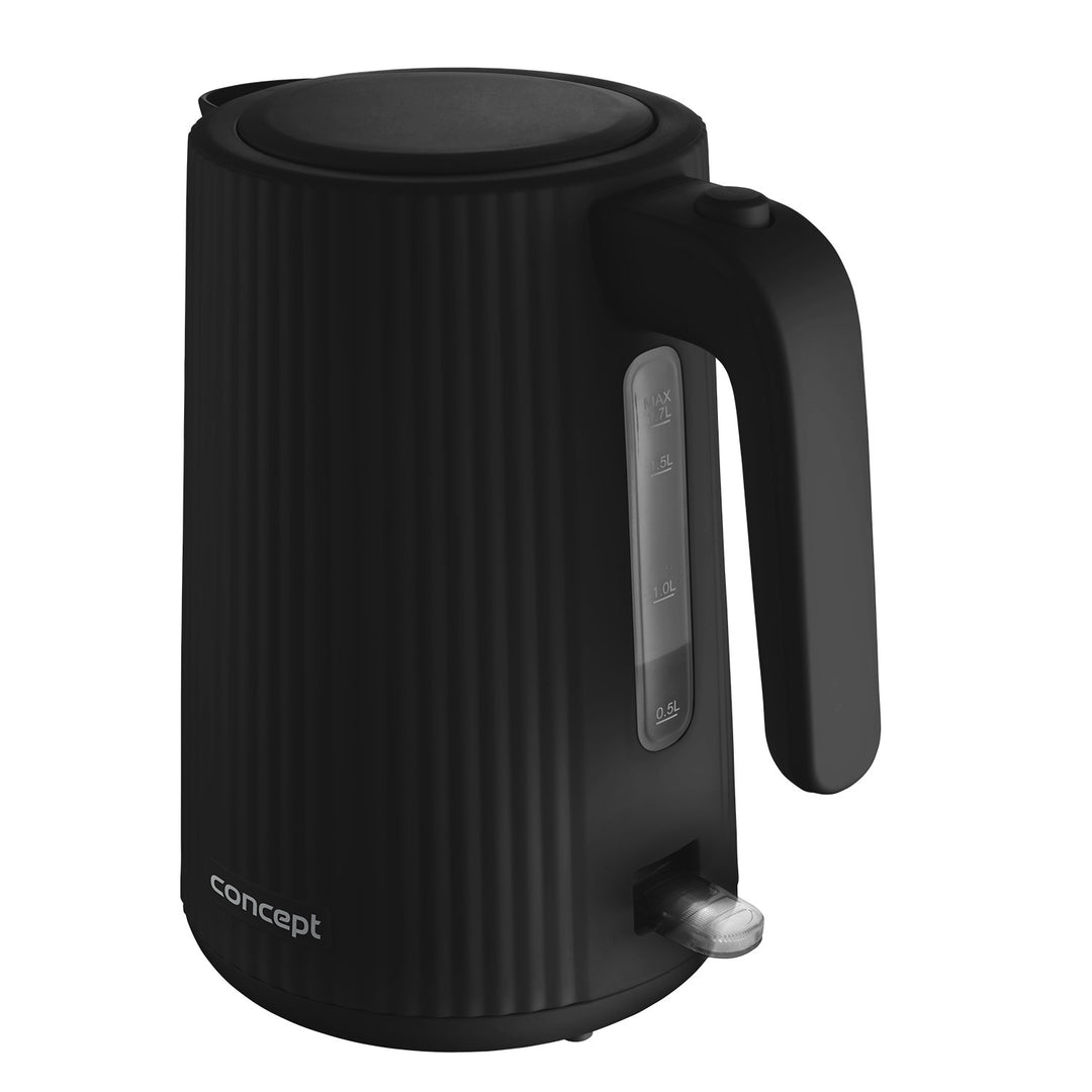 Czajnik elektryczny plastikowy Concept, 1,7L, ryflowany design, potrójny system zabezpieczeń, filtr przeciw osadom, wskaźnik poziomu wody, czarny, RK2391