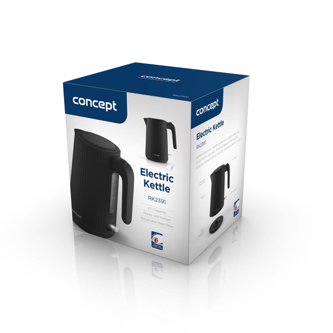 Czajnik elektryczny plastikowy Concept, 1,7L, ryflowany design, potrójny system zabezpieczeń, filtr przeciw osadom, wskaźnik poziomu wody, czarny, RK2391