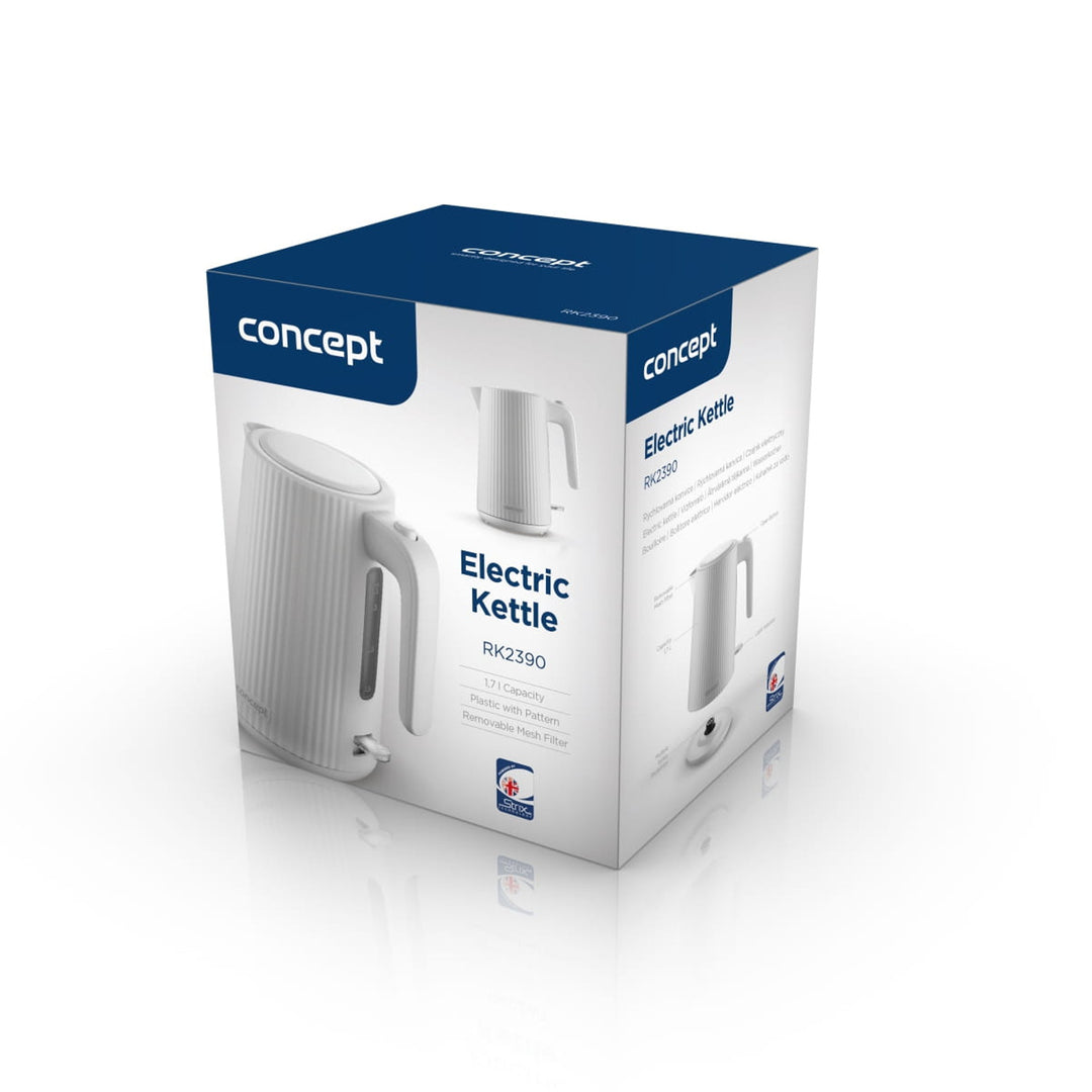 Czajnik elektryczny plastikowy Concept, 1,7L, ryflowany design, potrójny system zabezpieczeń, filtr przeciw osadom, wskaźnik poziomu wody, biały, RK2390