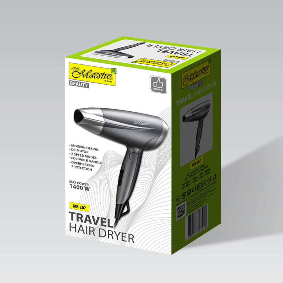 Suszarka do włosów Maestro, moc 1400W, składana rączka, 2 prędkości nawiewu powietrza, koncentrator, MR-207