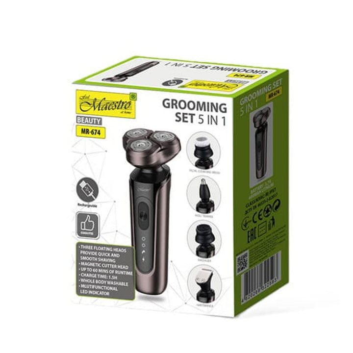 Zestaw do golenia 5w1 Maestro, golarka, trymer do nosa, szczotka do mycia twarzy, końcówka do masażu, trymer do włosów, wodoodporna obudowa, czas pracy do 60 min, MR-674