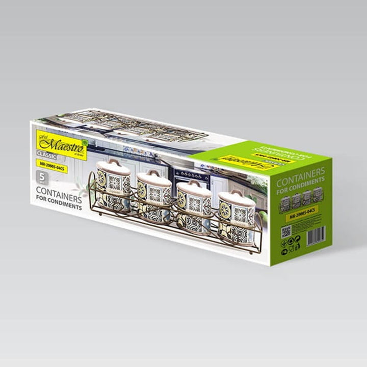 Zestaw ceramicznych pojemników Holiday in Porto Maestro, 5 elementów, pojemność 200ml, idealne do przypraw, z metalowym stojakiem, MR-20005-04CS