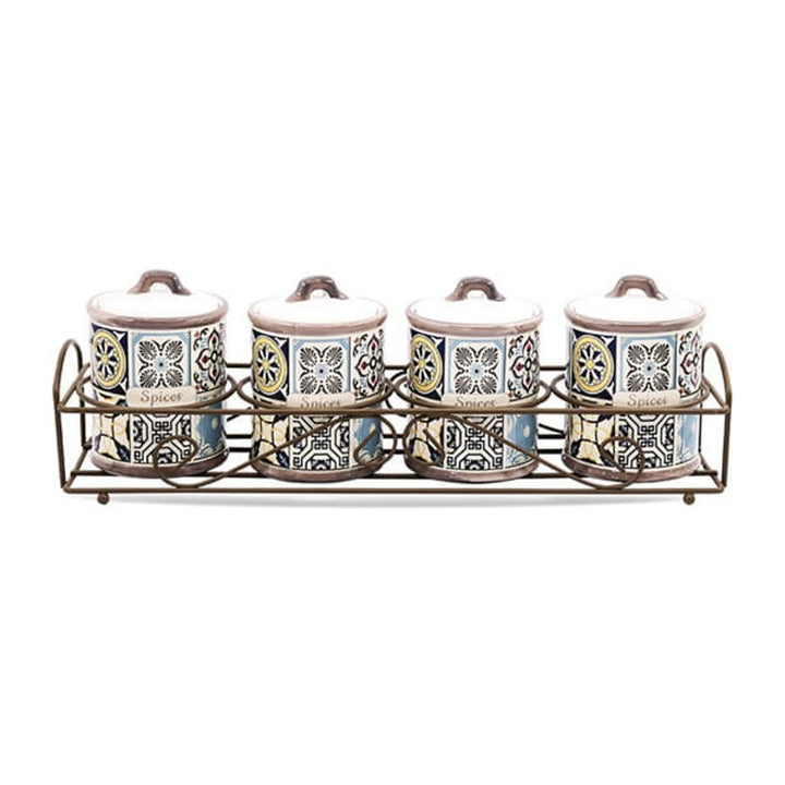 Zestaw ceramicznych pojemników Holiday in Porto Maestro, 5 elementów, pojemność 200ml, idealne do przypraw, z metalowym stojakiem, MR-20005-04CS