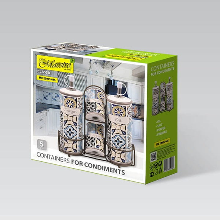 Zestaw ceramiczny do przypraw Holiday in Porto Maestro, 5 elementów, pojemność 2x100ml i 2x300ml, Z metalowym stojakiem, MR-20005-04S