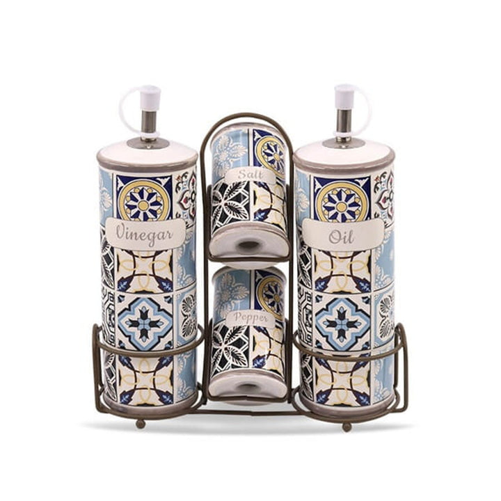 Zestaw ceramiczny do przypraw Holiday in Porto Maestro, 5 elementów, pojemność 2x100ml i 2x300ml, Z metalowym stojakiem, MR-20005-04S