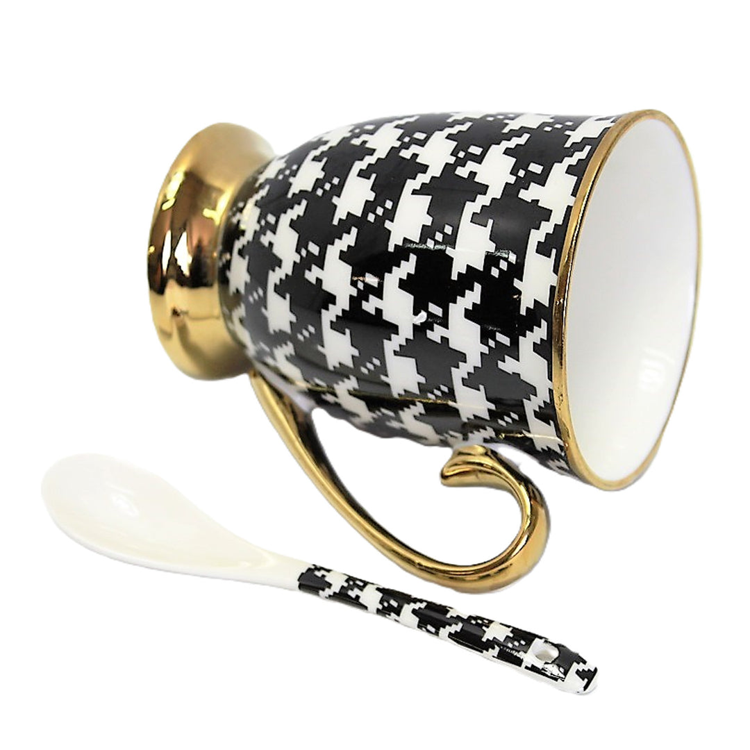 Kubek Pepitka Złoty Uchwyt Podstawa Łyżeczka Porcelana Ekskluzywny, Queen Isabel