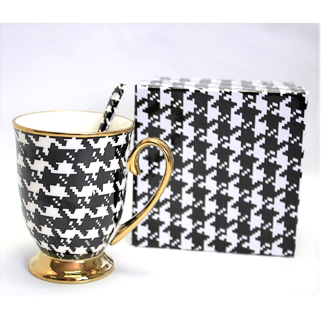 Kubek Pepitka Złoty Uchwyt Podstawa Łyżeczka Porcelana Ekskluzywny, Queen Isabel