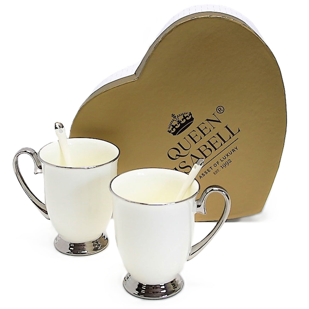 Kubki Białe 2szt Chromowane Uchwyty, Łyżeczki, Porcelana, Eleganckie, Queen Isabel