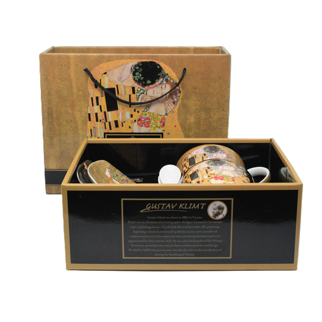 Zestaw 2 porcelanowych filiżanek Queen Isabell, motyw Pocałunek Klimta, łyżeczki, 250ml, W25KL60-2-19000