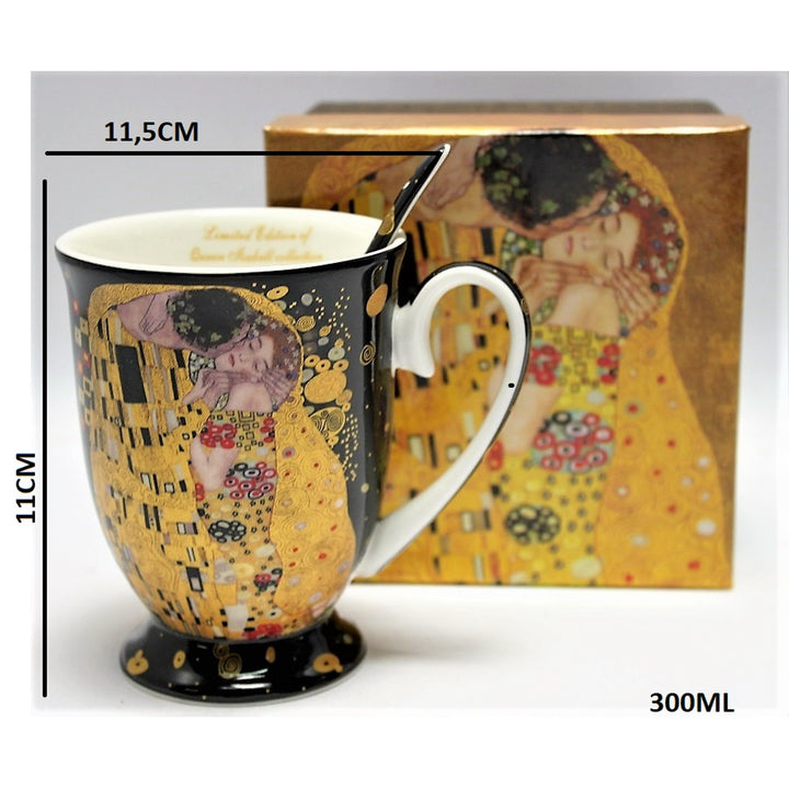 Porcelanowy kubek z łyżeczką Queen Isabel, łyżeczka, motyw Klimt Pocałunek, 300ml, W9KL338-09121