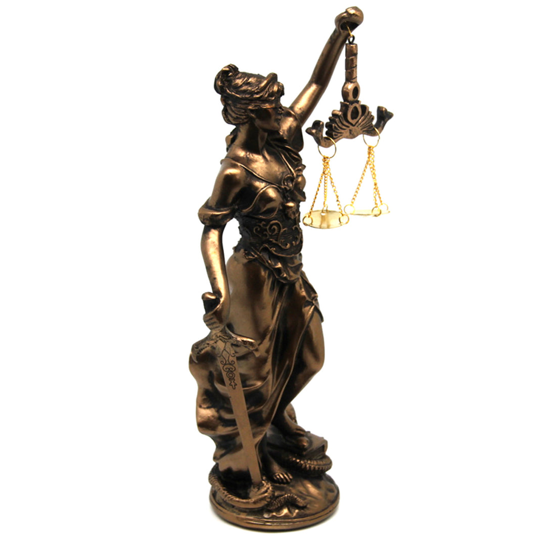Figurka Temida z wagą i mieczem, brązowa rzeźba prawnicza, Queen Isabel