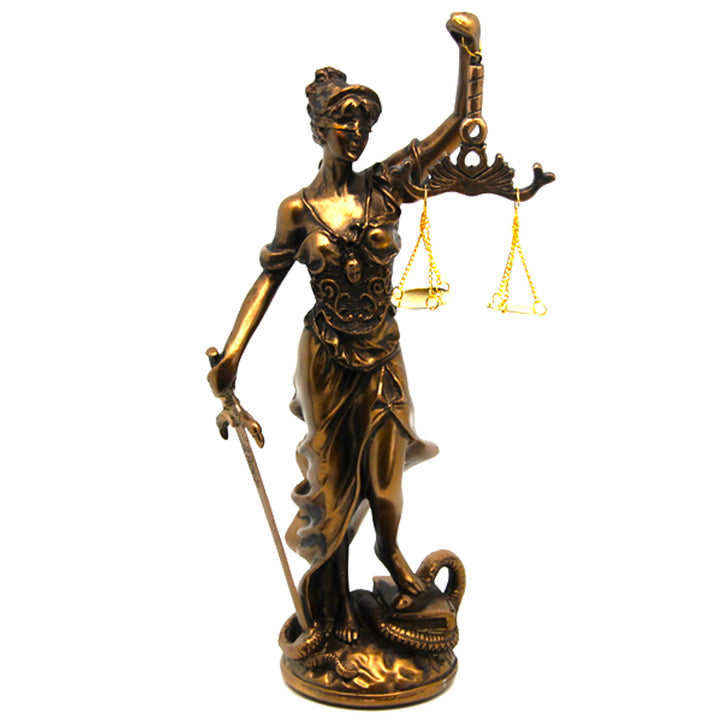 Figurka Temida z wagą i mieczem, brązowa rzeźba prawnicza, Queen Isabel