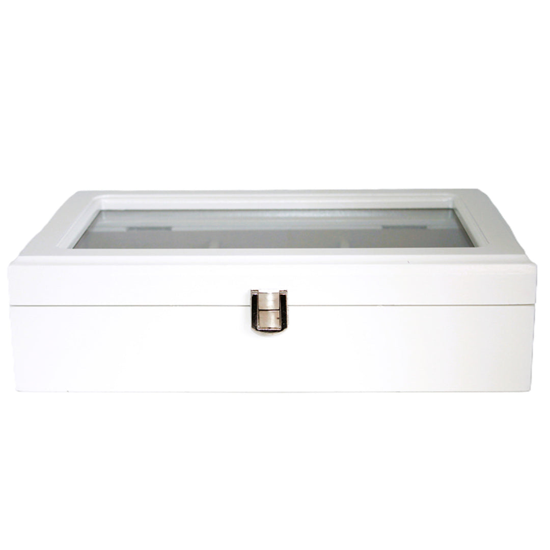 Szkatułka na biżuterię, drewniana, biała, organizer, przegródki, szklane wieczko, Queen Isabel