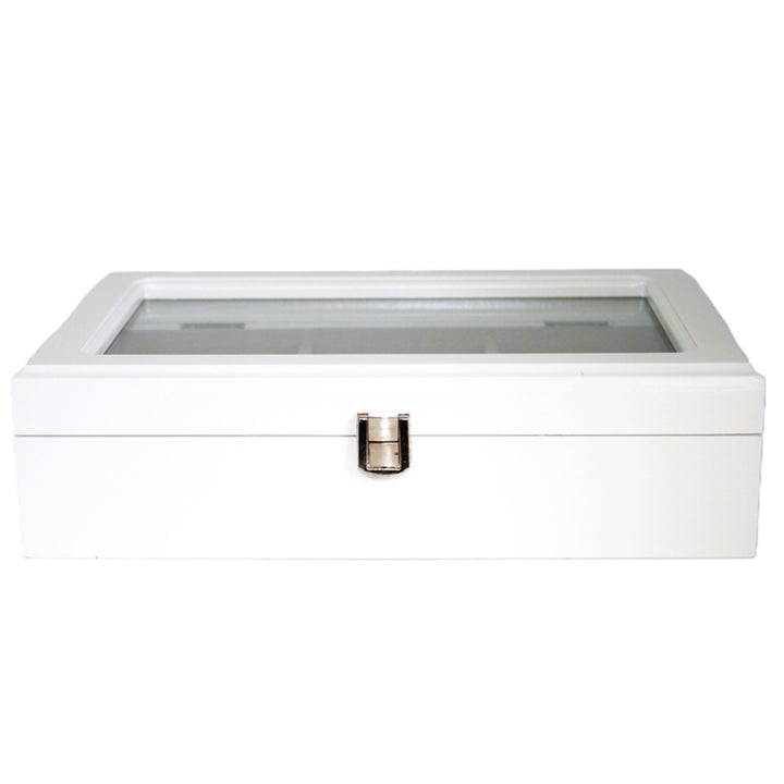 Szkatułka na biżuterię, drewniana, biała, organizer, przegródki, szklane wieczko, Queen Isabel