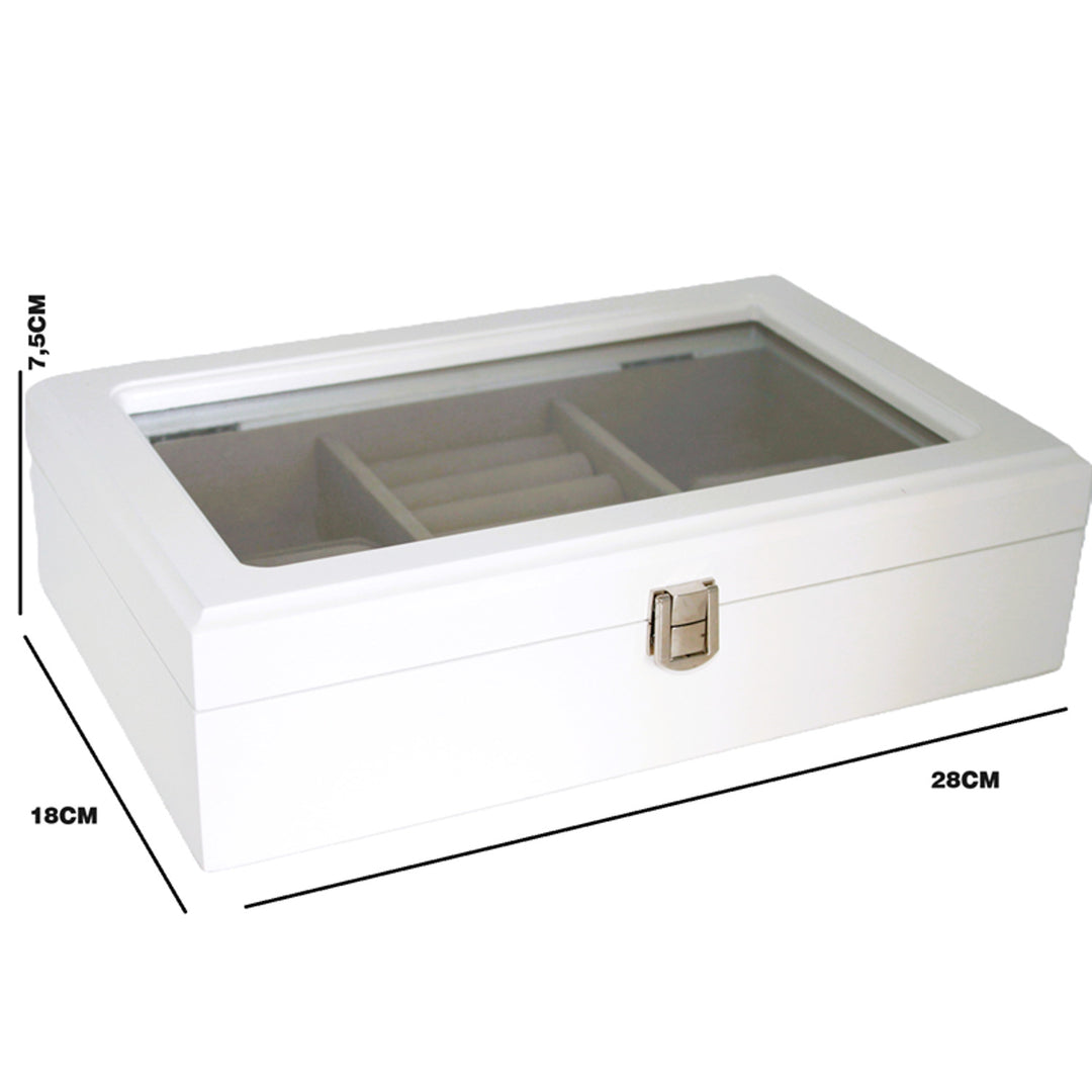 Szkatułka na biżuterię, drewniana, biała, organizer, przegródki, szklane wieczko, Queen Isabel